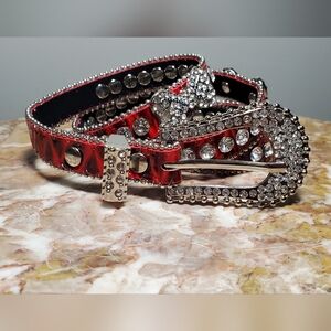 Small To Medium Red Tie-dye Rhinestone Embellished Belt Bow Details